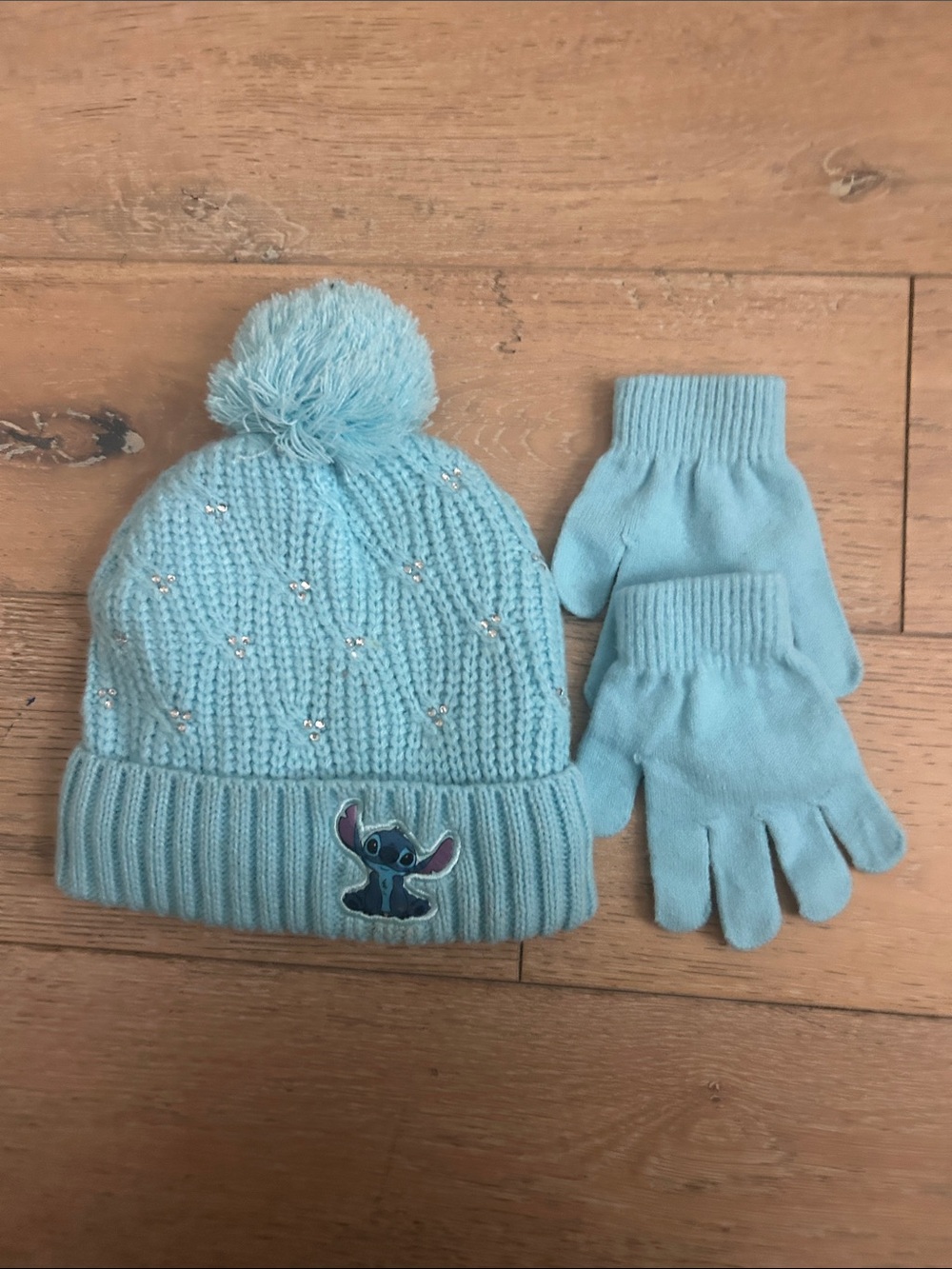Disney Stitch Light Blue Knit Pom Pom Hat & Gloves Set for Kids